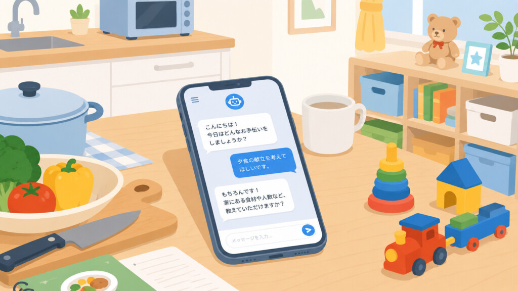 キッチンや子供部屋のそばのテーブルにスマートフォンが置かれ、画面にAIチャット画面が映っている。