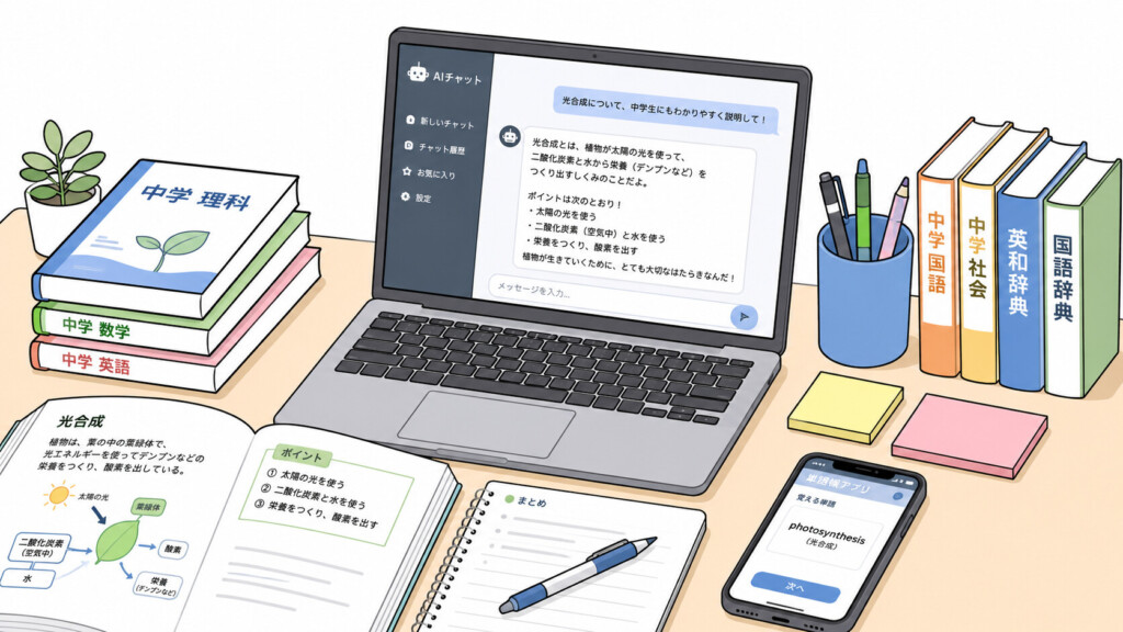 教科書やスマートフォンが並ぶ学生の勉強机にノートPCが置かれ、画面にAIチャット画面が映っている。