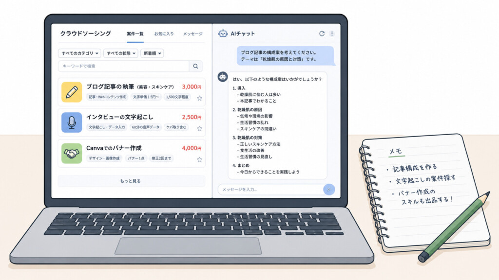 ノートPCの画面にクラウドソーシングの案件一覧ページとAIチャット画面が並んで表示されている。