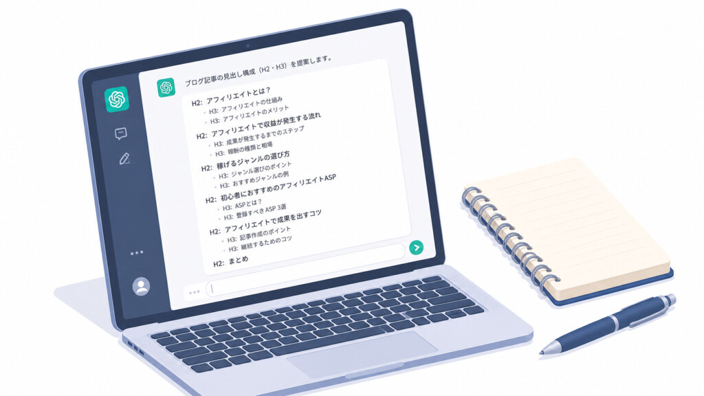 ChatGPTのチャット画面に記事の見出し構成（H2・H3のリスト）が表示されている。