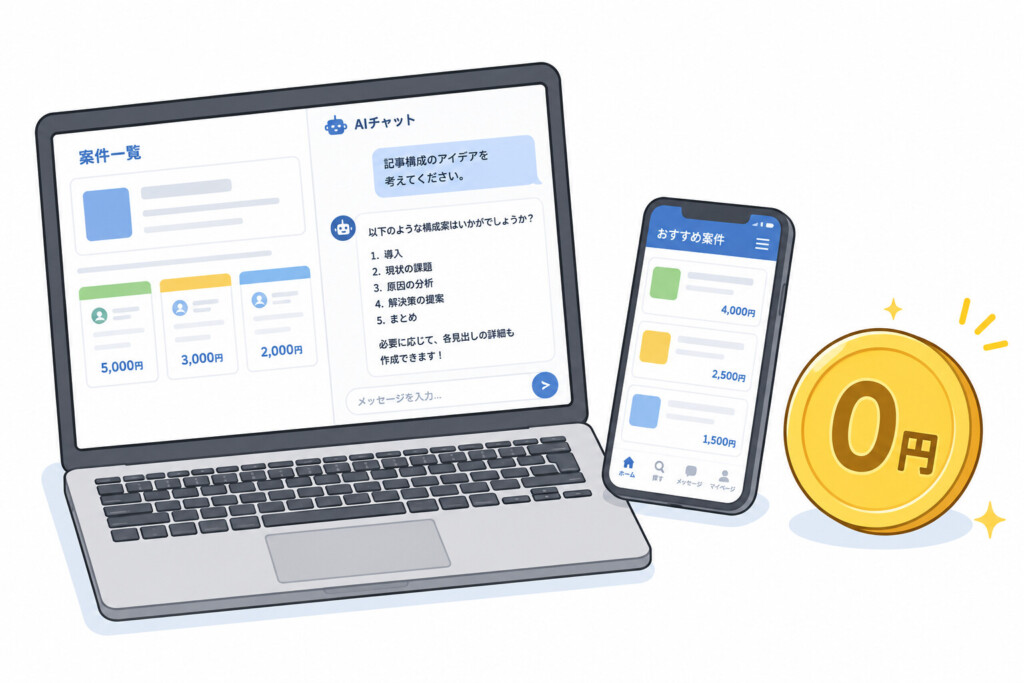 ノートPCとスマートフォンの横にゼロ円コインアイコンが並んでいる。