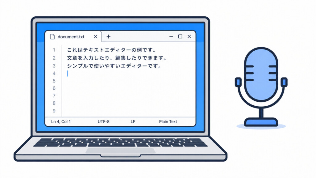 ノートPCの画面にテキストエディターが開いていて、横にマイクアイコンが並んでいる。