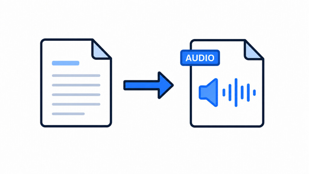 テキストドキュメントアイコンから音声ファイルアイコンへ矢印が伸びている。